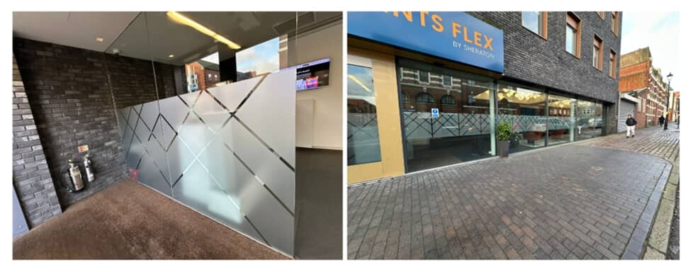 A collage of the frosted window graphics around the building.